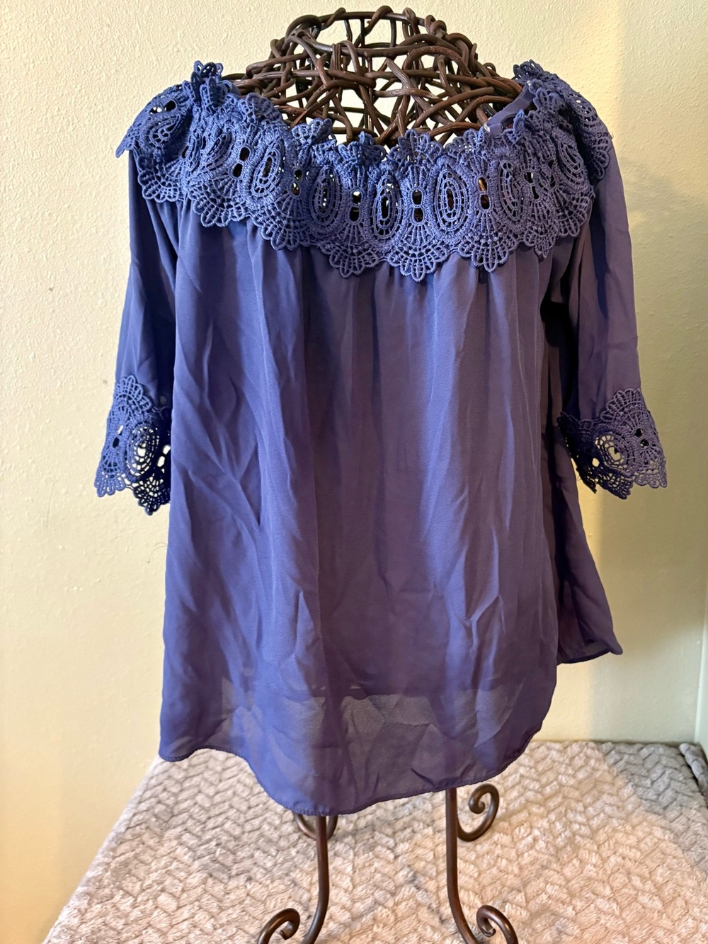Boho Off-Shoulder Crochet Trim Top - Blue